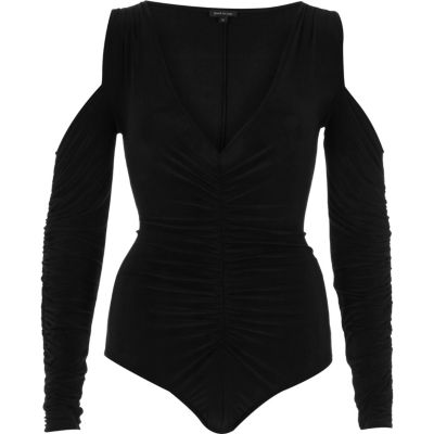 Black ruched front cold shoulder bodysuit
